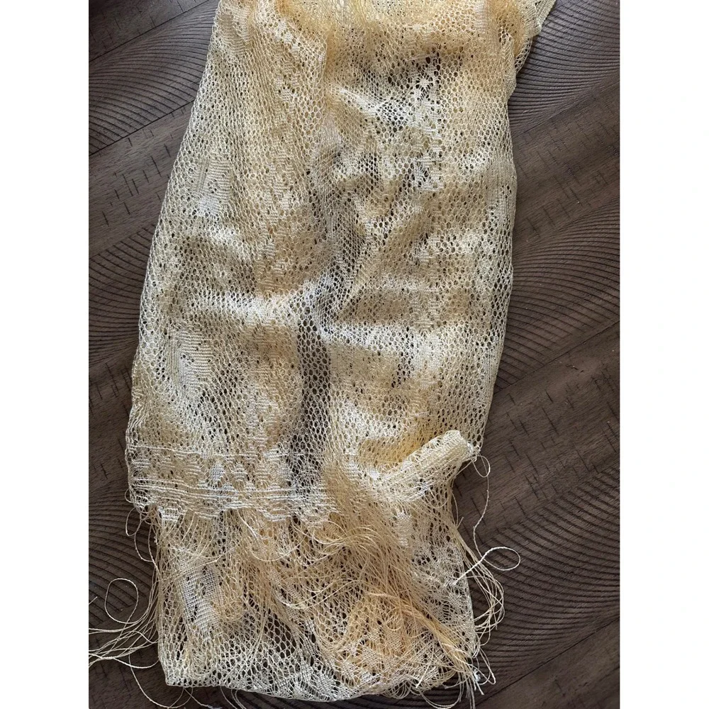 Vintage 1970s Gold Metallic Open-Knit Evening Shawl / Wrap with Long Fringe